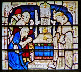 Fenêtre représentant une femme lépreuse priant au sanctuaire de St. William Wellcome, York Minster